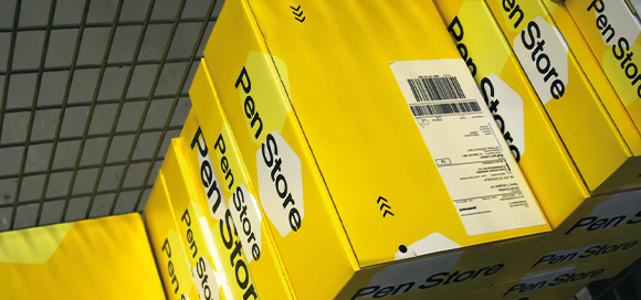 view of pen store packagings in a warehouse